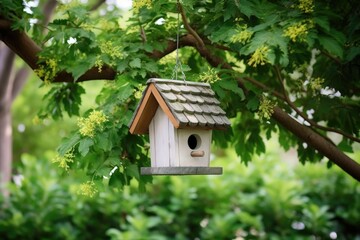 birdhouse hanging on a lush, green tree