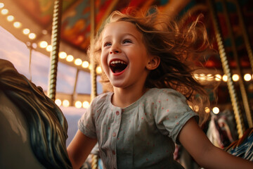 A child rides on a vintage carousel with horses and has fun - obrazy, fototapety, plakaty