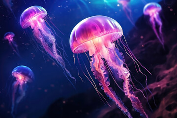 Lilac jellyfish with thin threads in dark transparent ocean water