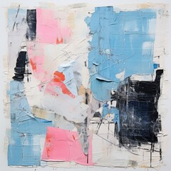 A collage created from torn paper, paint, and mixed media, featuring shades of grey, pink, and blue.