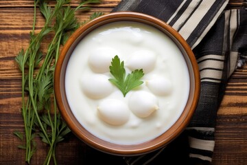 overhead shot of a white bowl filled with garlic sauce