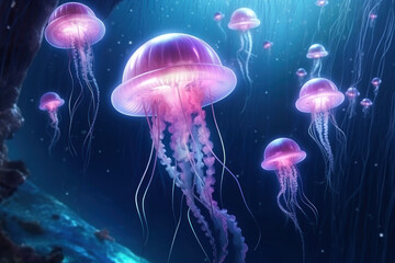 Lilac jellyfish with thin threads in dark transparent ocean water