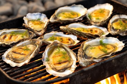 grilled oysters topped with roasted garlic and herbs