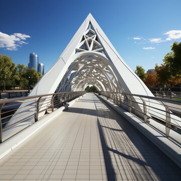 An origami-inspired triangular truss system characterizes the pedestrian and cyclist bridge.