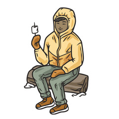 Person sitting on log cabin in winter, enjoying fondue by warm fire. Cozy winter scene, comfort and indulgence