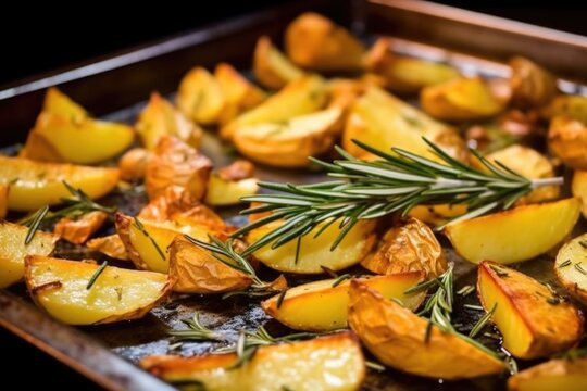 close-up image of roasted potatoes with crispy crust and rosemary leaves