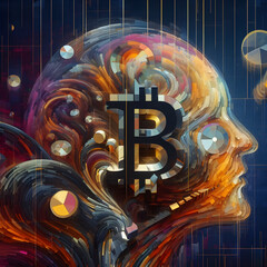 Abstract Bitcoin Real Face Art Creation on Side of a Head with Crypto NFT, Accelerate Fire Buy, Psychedelic Dragon Coin, Managing Coin Egg, Happy Glass Wall Digital Dreamscape, Hodler Hopes Countdown