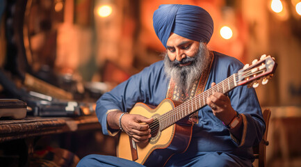 Sikh musician playing guitar in the studio.