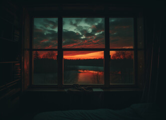 View from window of sunset overlooking peaceful forest and river