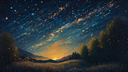 starry night oil painting in natural background - obrazy, fototapety, plakaty