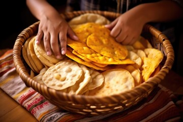 hand arranging naan breads in a bamboo basket
