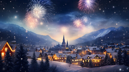 Fireworks display above a snow covered mountain village, new year's eve celebration - obrazy, fototapety, plakaty