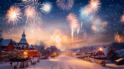 Fototapeta na wymiar Beautiful fireworks display above a peaceful snow covered village, new year's eve celebration