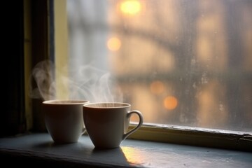 Fototapeta premium pair of teacups steamy with hot beverage on a rainy window sill