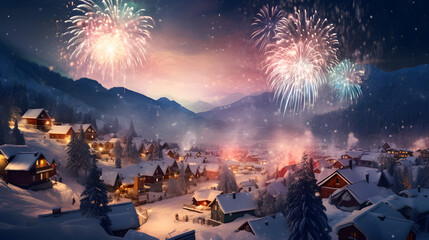 Beautiful fireworks above a snow covered cozy mountain village, new year's eve celebration