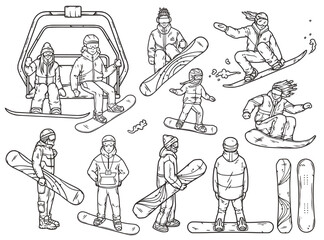 Group of people in various snowboarding poses, participating in exhilarating winter sport. Season activity and competitions. Dynamic winter action and outdoor fun. Snowboard elements for design