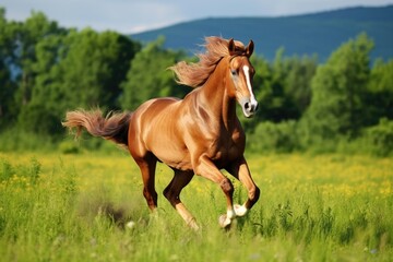 Naklejka na ściany i meble old horse galloping in lush pasture