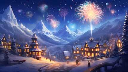 Beautiful cozy snow covered mountain village, new years fireworks display, new year's eve celebration
