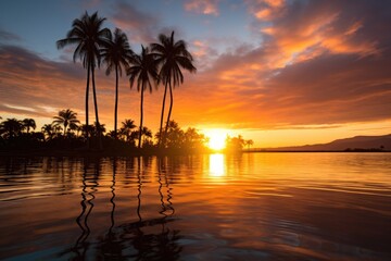 paddleboard against a sunset with tropical palm trees