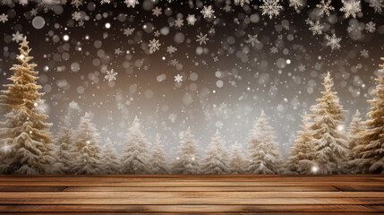 Christmas background with snowy fir trees and snowflakes.