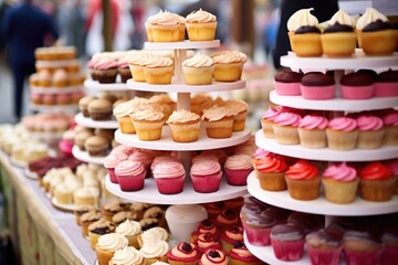an array of tiered cakes on stand