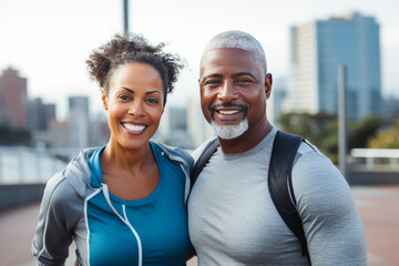 Fitness, workout and black couple in the city for running, marathon training and training. Love,...