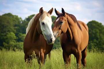 Obraz premium two horses nuzzling each other in a field