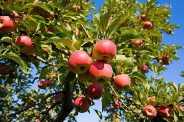 Obraz premium low angle view of a tree with ripe apples ready to be picked