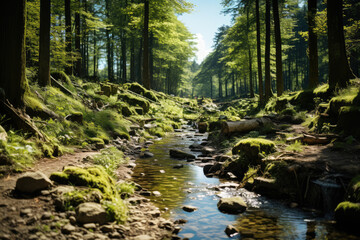 A lush, green forest with vibrant biodiversity, emphasizing the importance of preserving ecosystems as a solution to climate change.  Generative Ai.