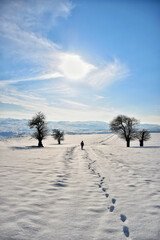 A girl walking through the snow on a path facing the sun on a winter day