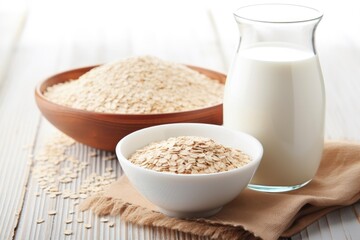 bowl of whole grain cereals and jug of low-fat milk