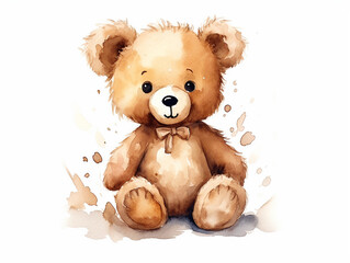 Watercolor illustration of cute funny smile bear toy on white background