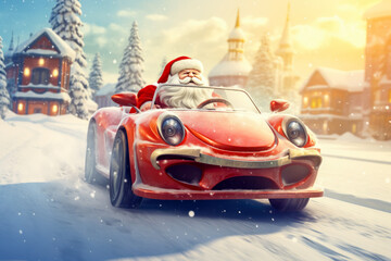 Santa Claus driving a car on a winter road. - obrazy, fototapety, plakaty