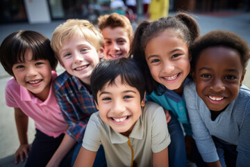 Obraz premium crowd of joyful children in the schoolyard, the joy of good studies, school as a pleasant environment for development