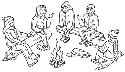 Persons sitting around winter campfire, engaged in conversation, season recreation for group of people. Warm and inviting scene of winter social interaction by the fire