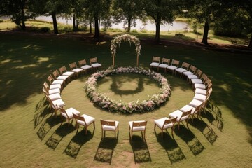 circular seating arrangement for an outdoor wedding - obrazy, fototapety, plakaty