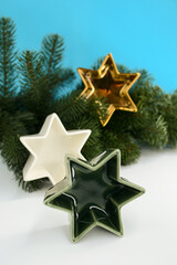 multi-colored decorative stars on a Christmas tree branch. Minimalistic festive New Year composition