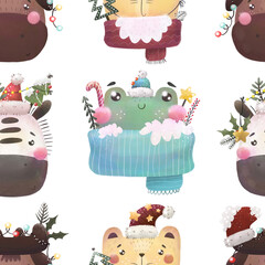 Seamless pattern with cartoon animals. Cute character - frog, cat, zebra, moose. Colorful illustration flat for kids. hand drawing. baby design for fabric, print, wrapper, textile