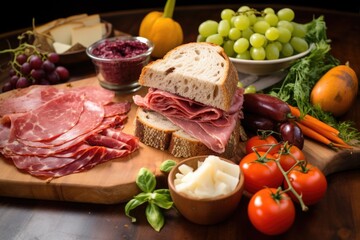 sandwich on sourdough, surrounded by raw ingredients