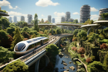 An aerial view of a green city with eco-friendly architecture and efficient public transportation...
