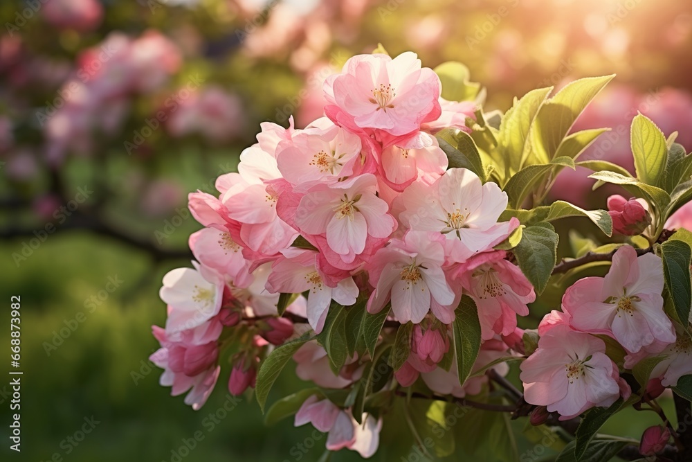 Sticker apple flowers in a big fruit garden 