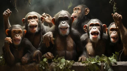 Gartenposter Wild animal family: Laughing and happy monkey community captured in close-up portrait © senadesign