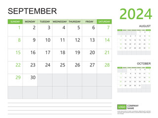 September 2024 year, Calendar planner 2024 template, week start on Sunday, Desk calendar 2024 design, simple and clean design green background, Wall calendar, Corporate design planner template vector