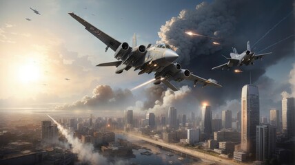 air strike over city by a fighter jet plane photo - obrazy, fototapety, plakaty