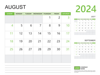August 2024 year, Calendar planner 2024 template, week start on Sunday, Desk calendar 2024 design, simple and clean design green background, Wall calendar, Corporate design planner template vector