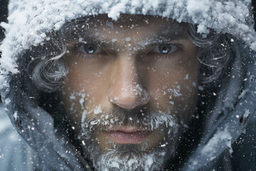 portrait of snow covered human in winter