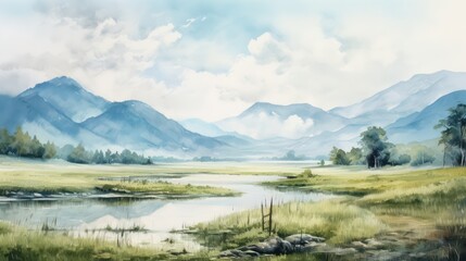 Obraz premium Beautiful watercolor painting of a scenic natural landscape