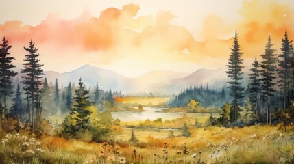 Beautiful watercolor painting of a scenic natural landscape