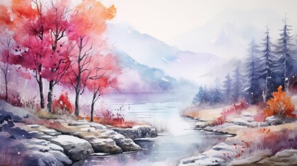 Stunning watercolor artwork featuring a captivating natural scenery, adorned with abundant greenery and a meandering river, displaying vibrant colors during both morning and evening.