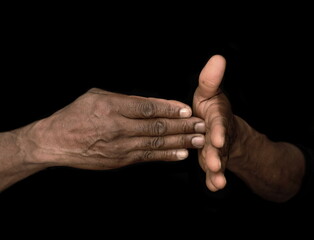 sign language with hand gestures  speaking body language with people on black background stock...